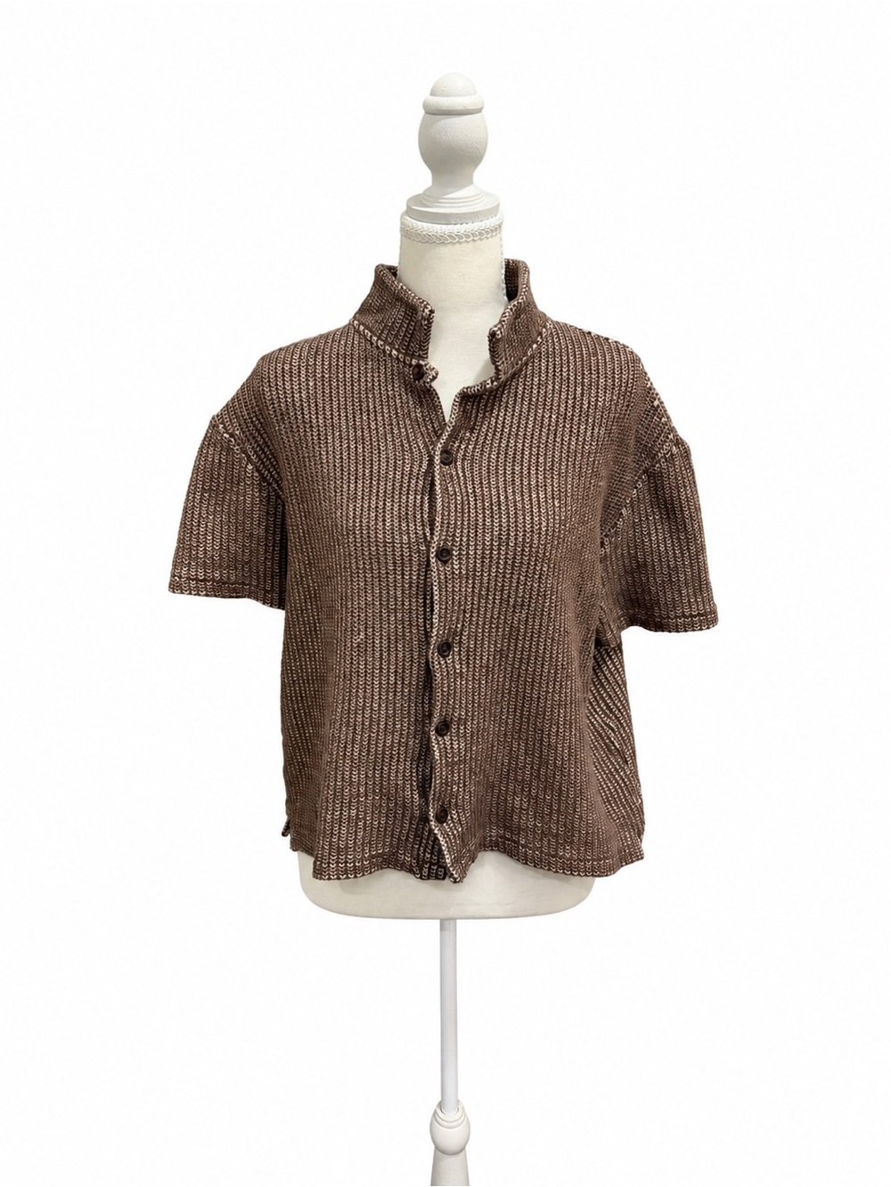 Zara Textured Knit Button Front Top Taupe Brown Short Sleeve Boxy Crop Large